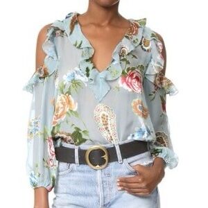 Alice + Olivia Gia Top Icy Blue Floral SHEER Burnout Silk Blend Ruffle Blouse S
